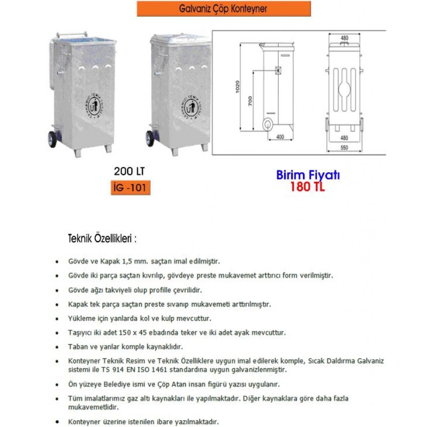 200 LT GALVANİZ ÇÖP KONTEYNERİ
