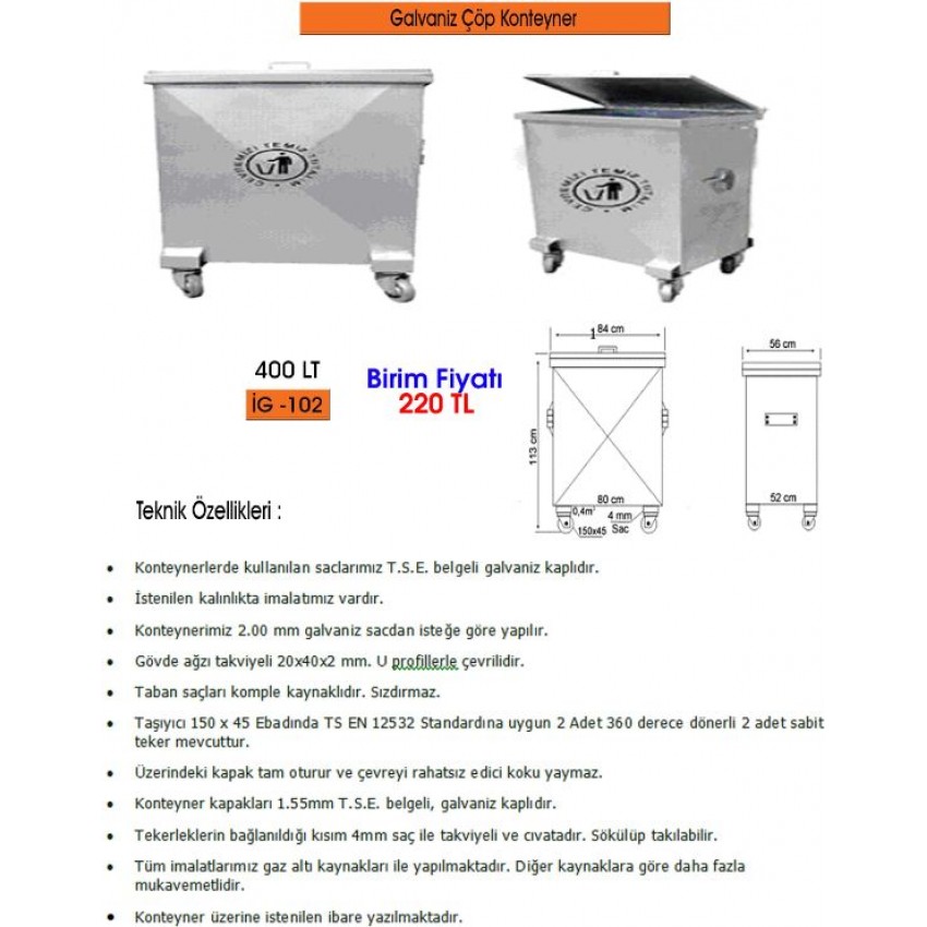 400 LT GALVANİZ ÇÖP KONTEYNERİ 1