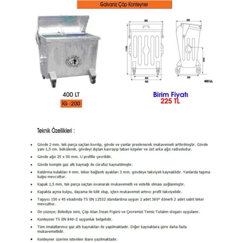 400 LT GALVANİZ ÇÖP KONTEYNERİ 2